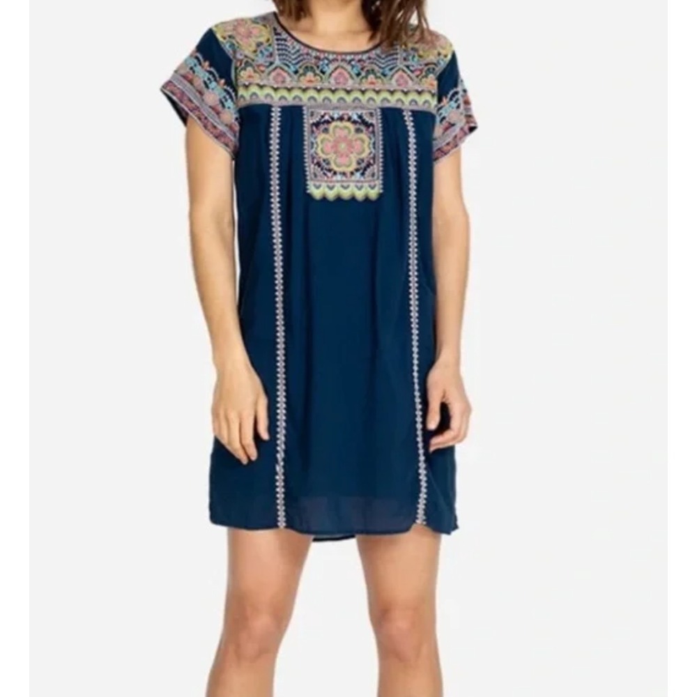 Johnny Was Tamia Peasant Embroidered Tunic Dress Blue S Boho Resort Vacation